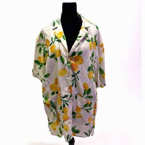 ZARA linen cotton blend lemon print short sleeve button up shirt